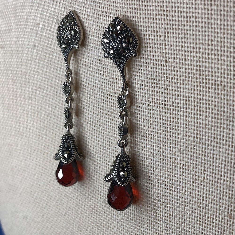 Vintage Red Garnet and Marcasite Long Drop Dangle Sterling Silver Earrings - Picture 11 of 14